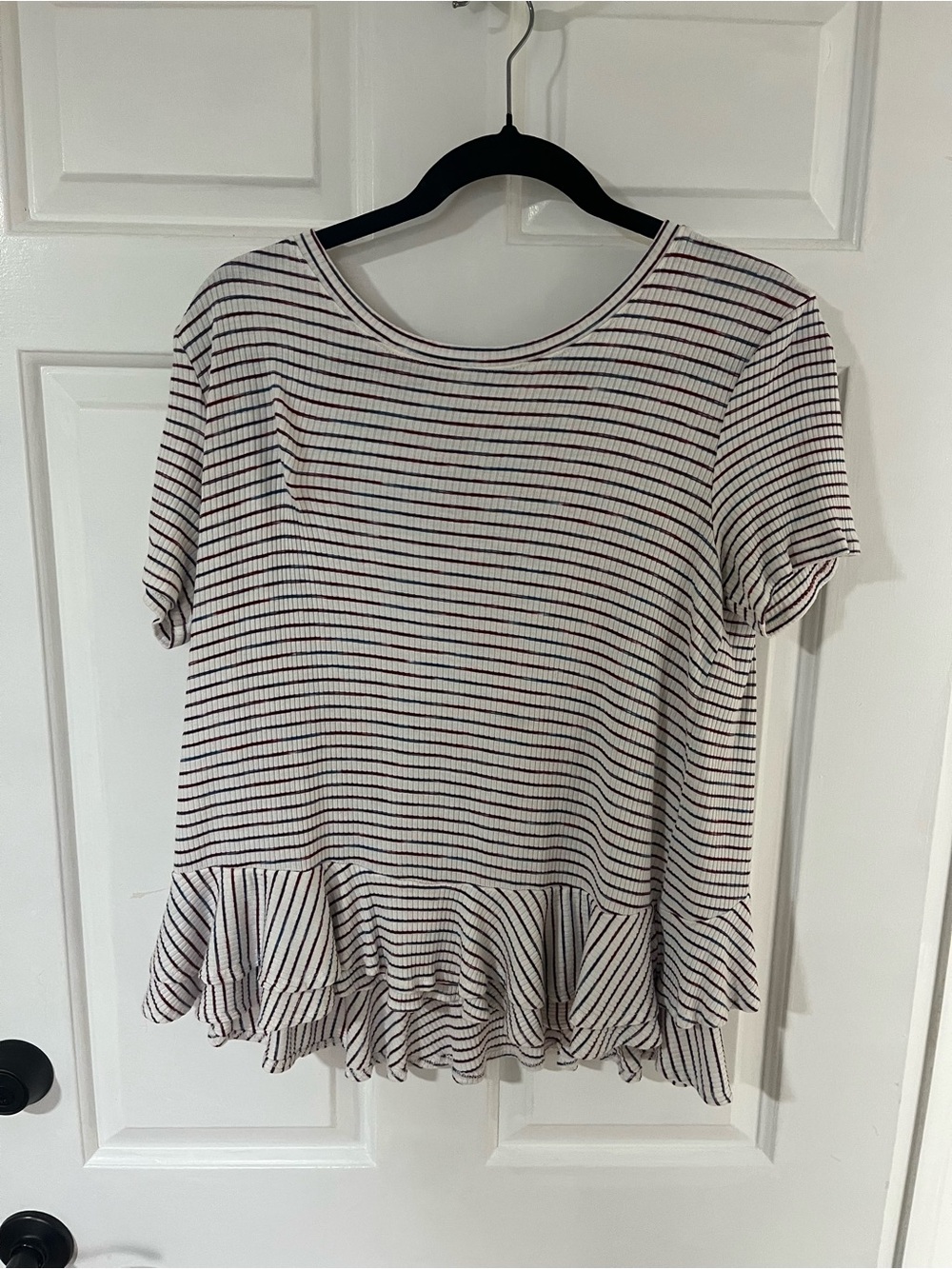 Altar'd State White Top with red and blue Stripes and Ruffle Hem